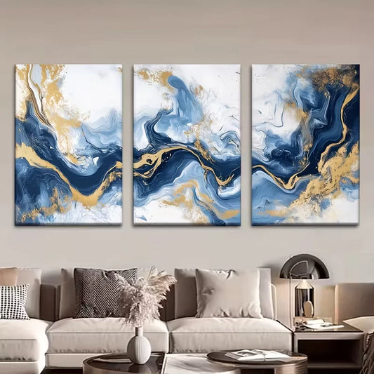 3pcs Abstract Blue and Golden Marble Patterns Metal Print Ready to Hang Art