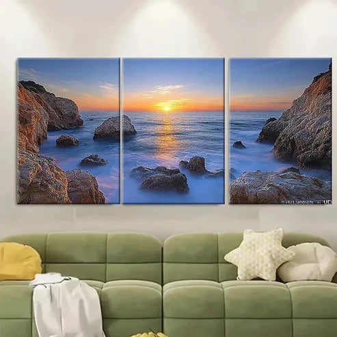 3pcs Ethereal Rocky Seascape Sunset TI Wall Art Set Canvas Unframed – High Quality Print 100% Australian Made Wall Canvas - Bella Home Decor