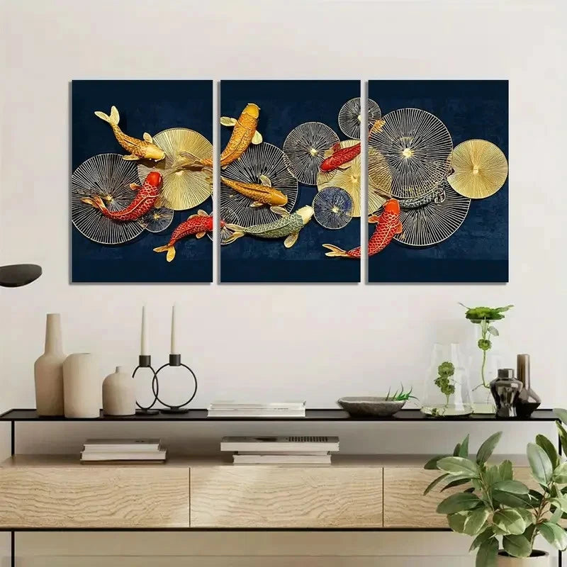 3pcs Golden Fish and for Lotus Leaves on Dark Blue Metal Print Ready to Hang Art - Bella Home Decor