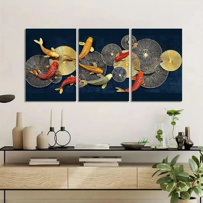 3pcs Golden Fish and for Lotus Leaves on Dark Blue Metal Print Ready to Hang Art - Bella Home Decor