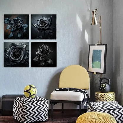4pcs Elegant Black Rose Wall Art Canvas Framed