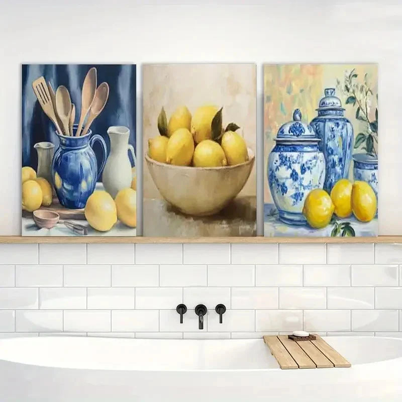 3pcs Painting Kitchen Yellow Lemon Metal Print Ready to Hang Art - Bella Home Decor