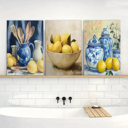 3pcs Painting Kitchen Yellow Lemon Metal Print Ready to Hang Art - Bella Home Decor