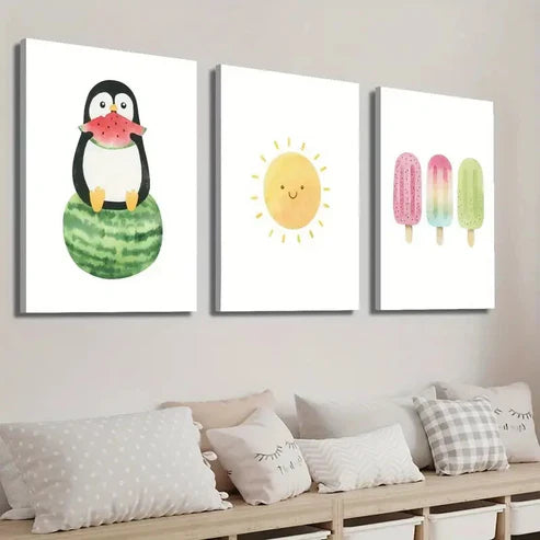 3pcs Baby Penguin on Watermelon Summer Popsicle Wall Art Set Canvas Unframed - High Quality Print 100% Australian Made Wall Canvas - Bella Home Decor