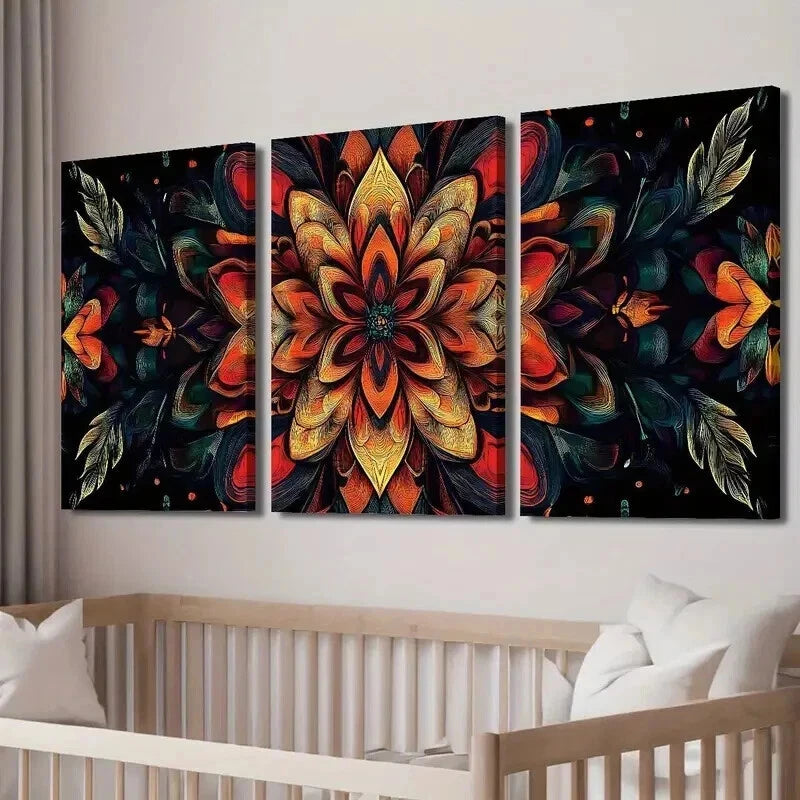 3pcs Mandala Flowers on Black Background Wall Art Set Canvas Framed 50x70cm - High Quality Print 100% Australian Made Wall Canvas Ready to Hang