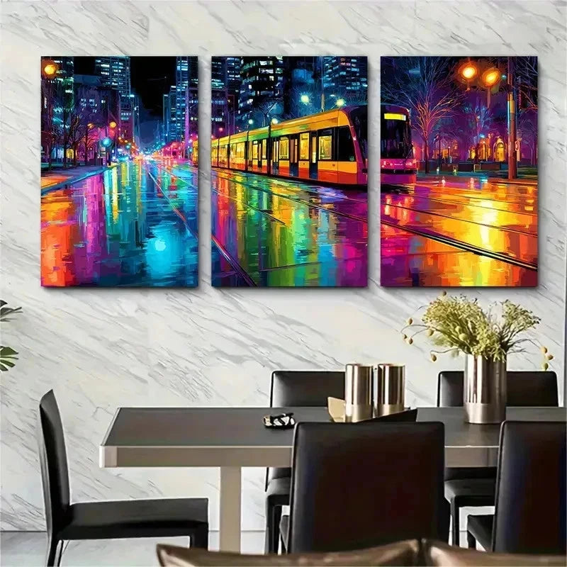 3pcs Colourful City Street At Night Perfect Wall Art Set Canvas Framed 50x70cm - High Quality Print 100% Australian Made Wall Canvas Ready to Hang - Bella Home Decor