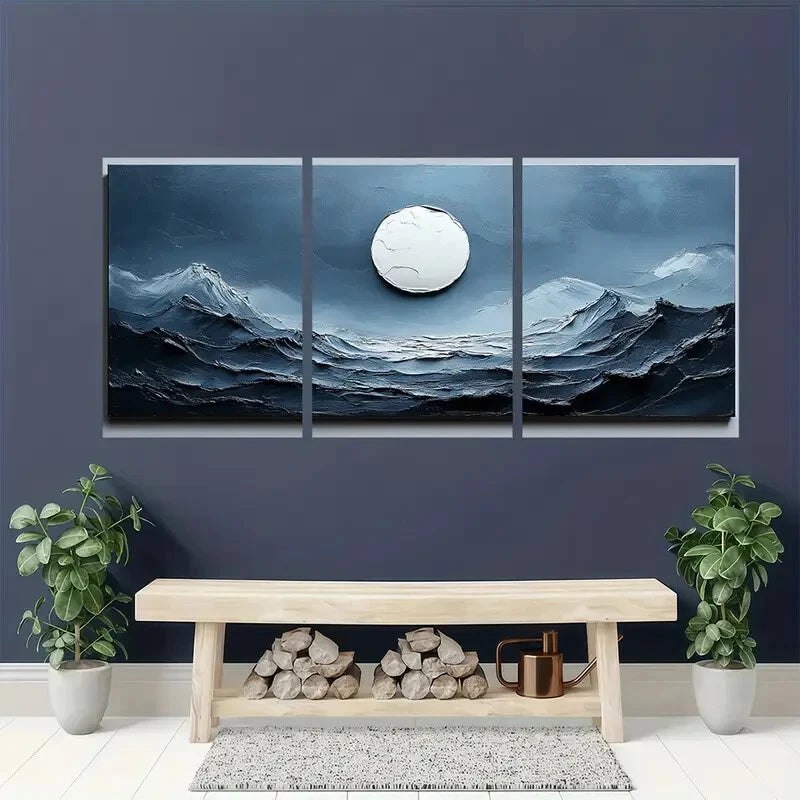 3pcs Blue & White Textured Minimalist Abstract Metal Print Ready to Hang Art - Bella Home Decor
