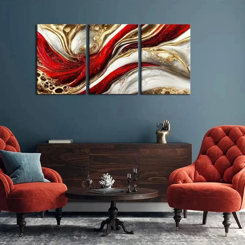 3pcs Red & Golden Abstract Marble Metal Print Ready to Hang Art - Bella Home Decor