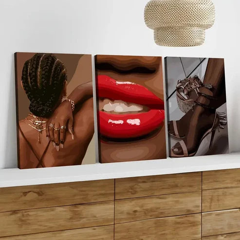 3pcs Black Female Art Boho Fashion Figures Red Wall Art Set Canvas Unframed - High Quality Print 100% Australian Made Wall Canvas - Bella Home Decor