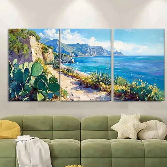 3pcs Sicily Coast Beach Artwork Cacti RT Wall Art Set Canvas Framed 60x90cm - High Quality Print 100% Australian Made Wall Canvas Ready to Hang