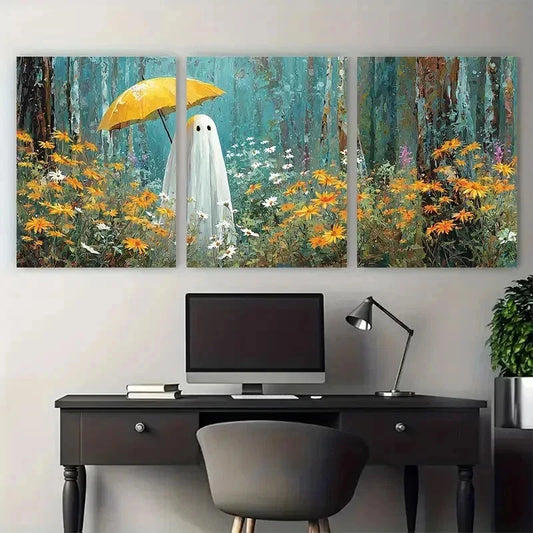 3pcs Cute Ghost In Woods With Yellow Perfect Wall Art Set Canvas Framed 60x90cm - High Quality Print 100% Australian Made Wall Canvas Ready to Hang