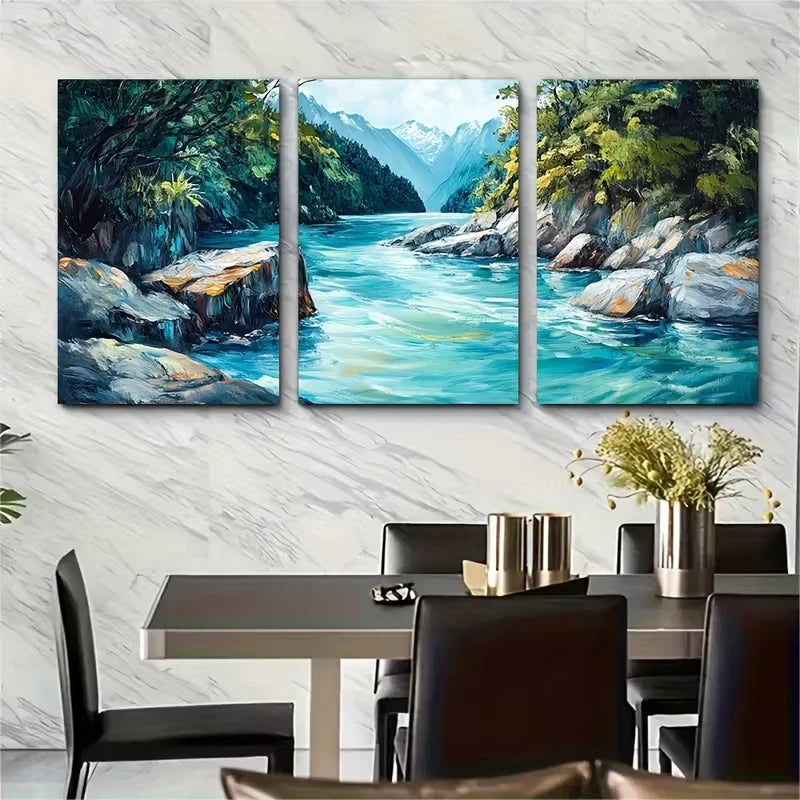 3pcs Lush Greenery & Snow-Capped Mountains Metal Print Ready to Hang Art