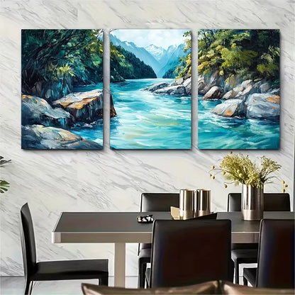3pcs Lush Greenery & Snow-Capped Mountains Metal Print Ready to Hang Art