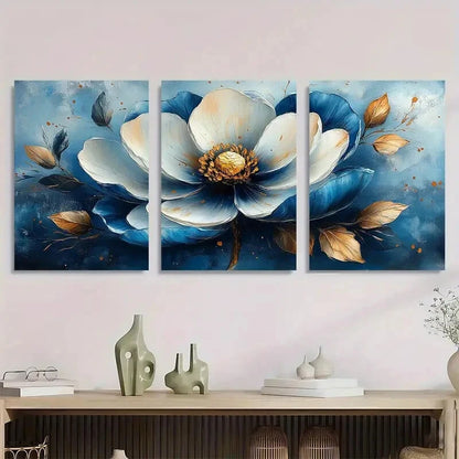 3pcs Modern Floral Vibrant Blue White Golden Metal Print Ready to Hang Art - Bella Home Decor