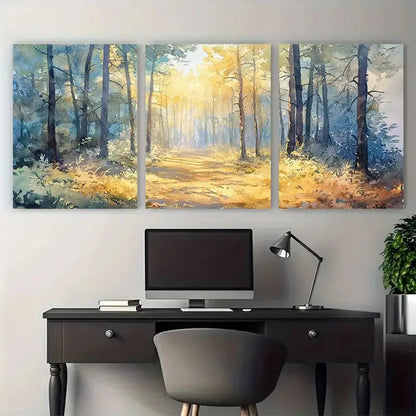 3pcs Dappled Woods Watercolor Calming Nature Wall Art Set Canvas Framed 60x90cm - High Quality Print 100% Australian Made Wall Canvas Ready to Hang - Bella Home Decor