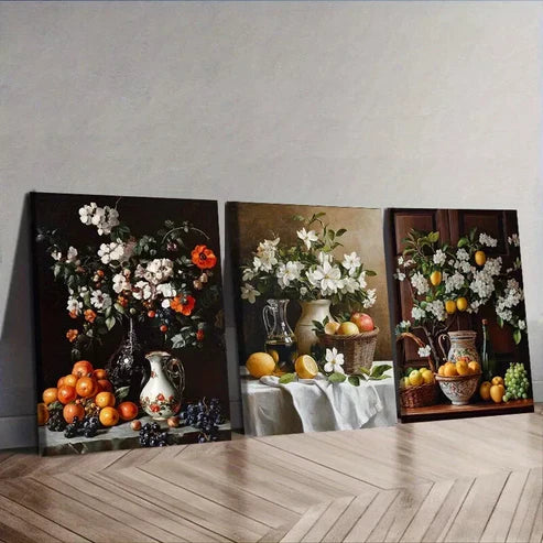 3pcs Fruit, Flowers, And A Jug Floral Wall Art Set Wall Art Canvas Unframed - High Quality Print 100% Australian Made Wall Canvas