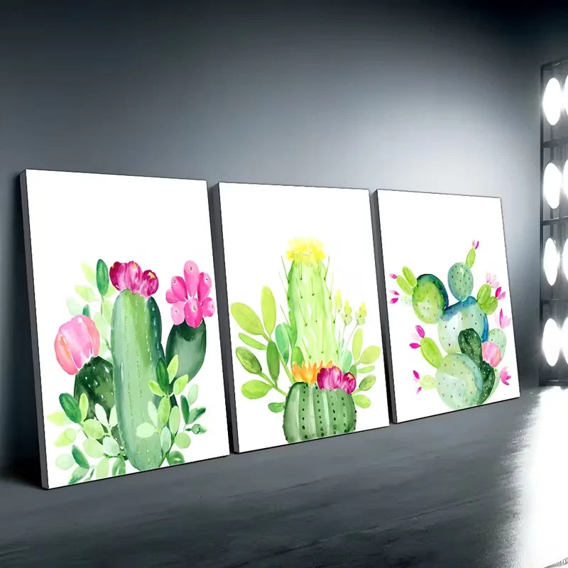 3pcs Abstract Cactus Wall Art Set Canvas Framed 50x70cm - High Quality Print 100% Australian Made Wall Canvas Ready to Hang