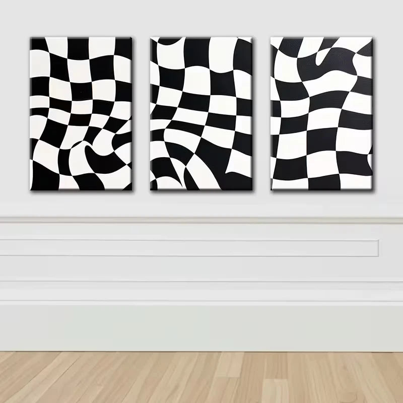 3pcs Black and White Checkered Pattern Wall Art Set Canvas Framed 40x60cm - High Quality Print 100% Australian Made Wall Canvas Ready to Hang - Bella Home Decor