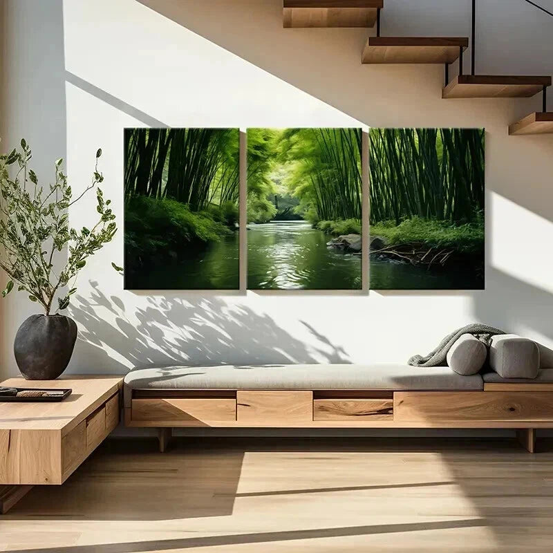 3pcs Green Bamboo Forest and River Wall Art Set Canvas Framed 50x70cm - High Quality Print 100% Australian Made Wall Canvas Ready to Hang - Bella Home Decor