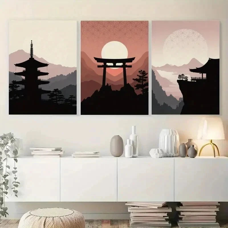 3pcs Japanese Pagoda Torii Gate & Pavilion Scenes Metal Print Ready to Hang Art
