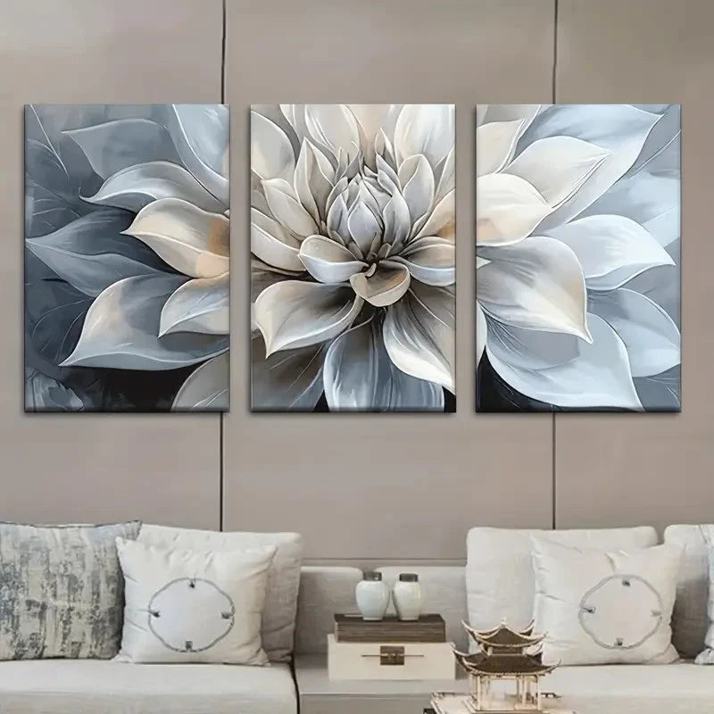 3pcs Beige Gray White & Blue Abstract Floral Metal Print Ready to Hang Art - Bella Home Decor