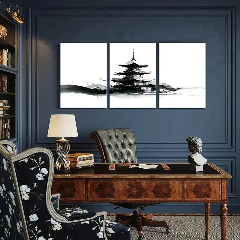 3pcs Abstract Pagoda Ink Painting Zen Art Metal Print Ready to Hang Art - Bella Home Decor