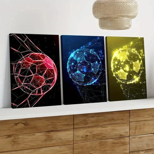 3pcs Soccer Ball Geometric Colourful Red Blue Wall Art Canvas Unframed - High Quality Print 100% Australian Made Wall Canvas