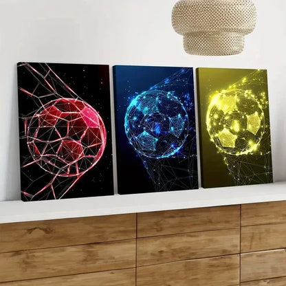 3pcs Soccer Ball Geometric Colourful Red Blue Wall Art Canvas Unframed - High Quality Print 100% Australian Made Wall Canvas