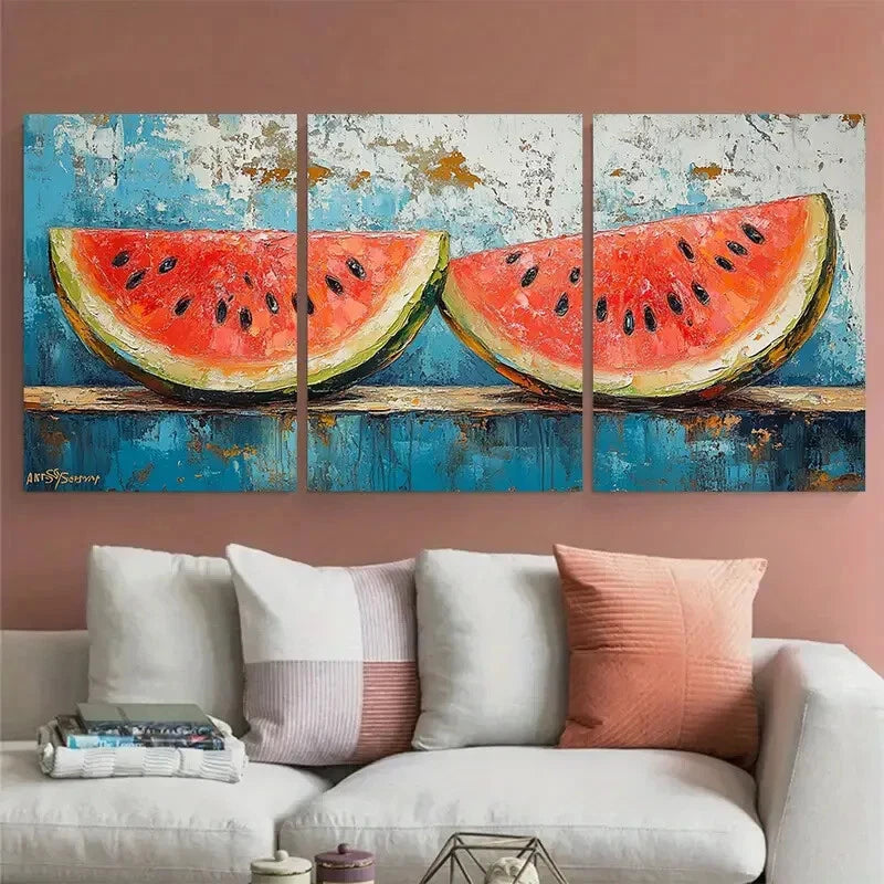 3pcs Watermelon Painting Fruit Impasto Design Metal Print Ready to Hang Art - Bella Home Decor
