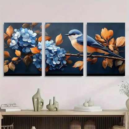 3pcs Blue Hydrangea and Bird Vibrant Floral Metal Print Ready to Hang Art - Bella Home Decor