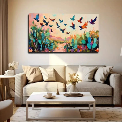 Cactus & Flying Birds Décor Wall Art Canvas Office Home Room Framed 120x60cm