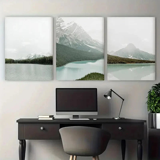3pcs Modern Minimalist Print Mountain Lake Metal Print Ready to Hang Art