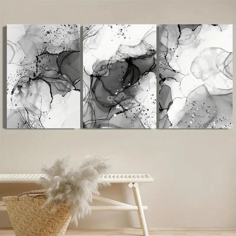 3pcs Abstract Black & Gray Marble Metal Print Ready to Hang Art - Bella Home Decor