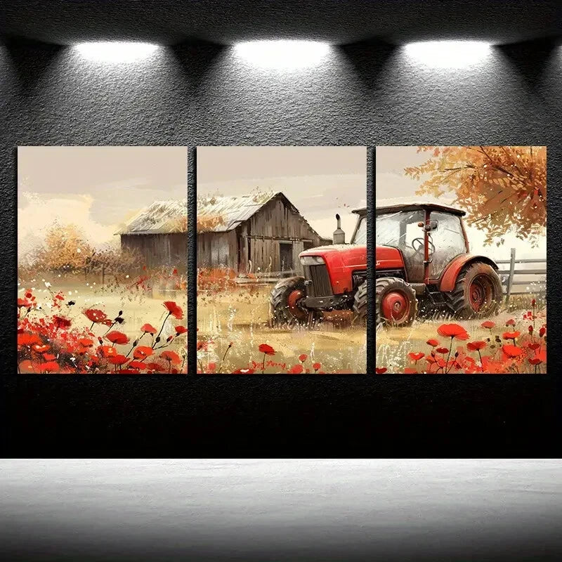 3pcs Tractor with Rustic Barn with Red Florals Metal Print Ready to Hang Art - Bella Home Decor