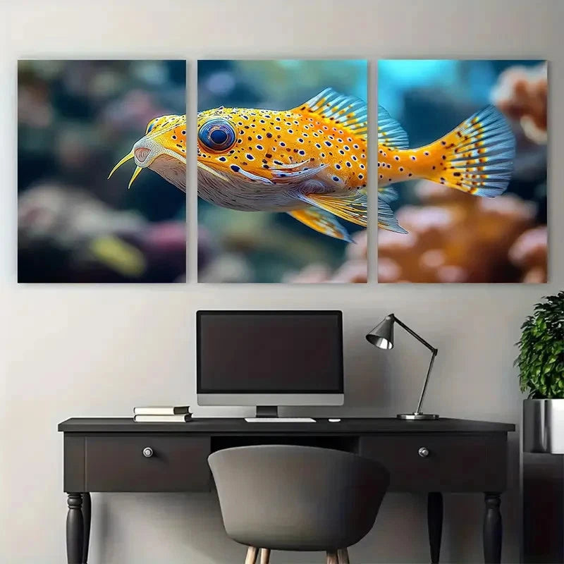 3pcs Vibrant Yellow Spotted Pufferfish Marine Life Metal Print Ready to Hang Art - Bella Home Decor
