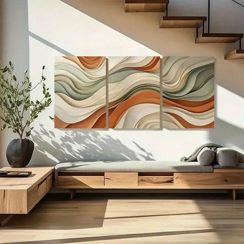 3pcs Beige Terracotta and Green Wave Wall Art Metal Print Ready to Hang Art - Bella Home Decor