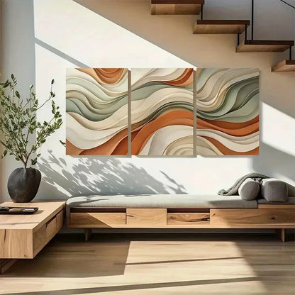 3pcs Beige Terracotta and Green Wave Wall Art Metal Print Ready to Hang Art - Bella Home Decor