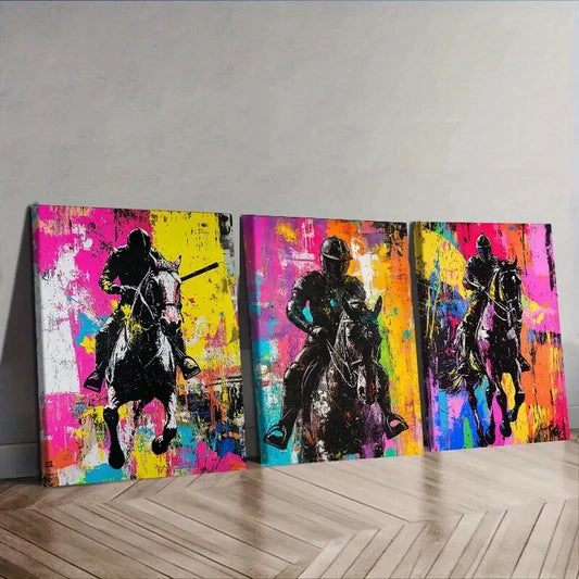 3pcs Knight on horseback Wall Art Set Canvas Framed 40x60cm - High Quality Print 100% Australian Made Wall Canvas Ready to Hang