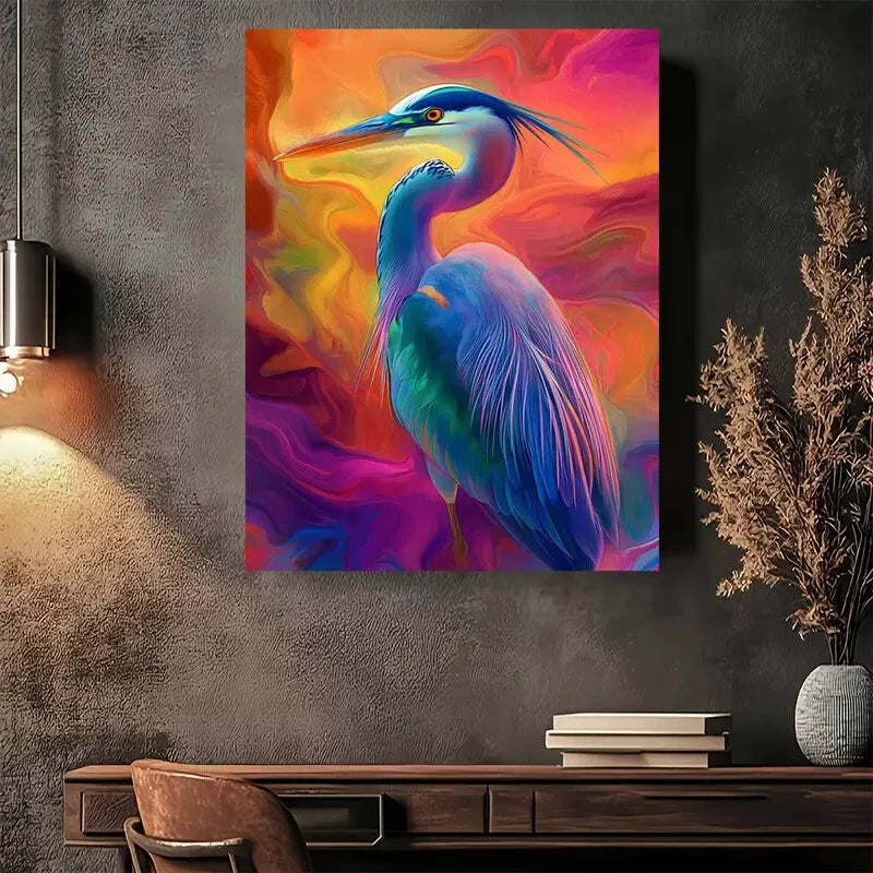 Beautiful Vibrant Heron Colorful Abstract Painting 40x60cm Metal Print Ready to Hang - Bella Home Decor