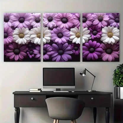 3pcs Elegant Marguerite Daisy Purple and White Metal Print Ready to Hang Art - Bella Home Decor