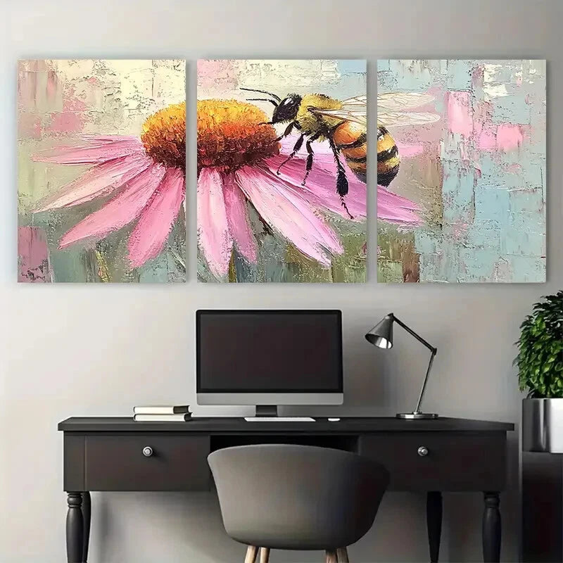 3pcs Pink Daisy Coneflower Floral Honeybee Metal Print Ready to Hang Art - Bella Home Decor