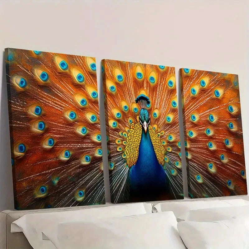 3pcs Vibrant Blue & Orange Feather Design I  Wall Art Set Canvas Framed 50x70cm - High Quality Print 100% Australian Made Wall Canvas Ready to Hang - Bella Home Decor