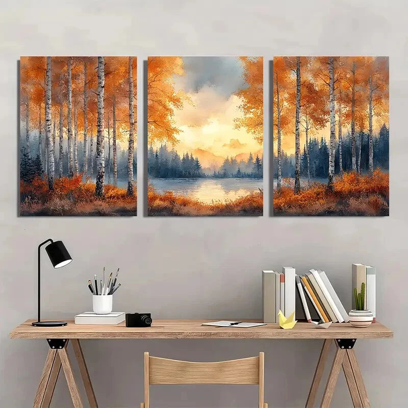 3pcs Autumn Forest Landscape with Vibrant Fall Metal Print Ready to Hang Art - Bella Home Decor