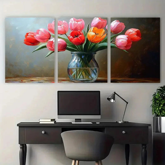 3pcs Still Life Tulip Flower in Glass Vase Metal Print Ready to Hang Art