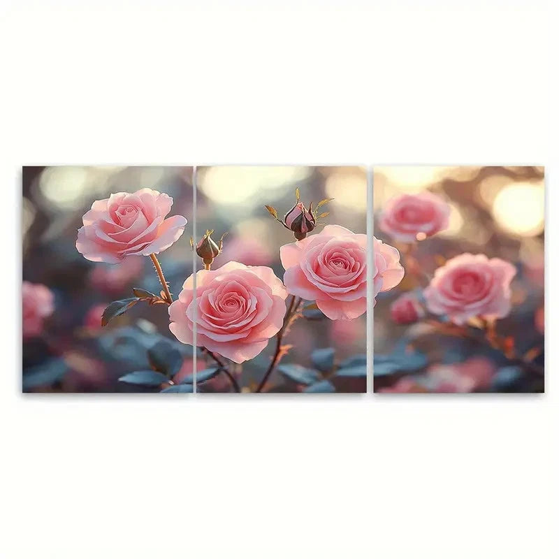 3pcs Soft Focus Blush Pink Roses Floral Design Wall Art Set Canvas Framed 50x70cm - High Quality Print 100% Australian Made Wall Canvas Ready to Hang