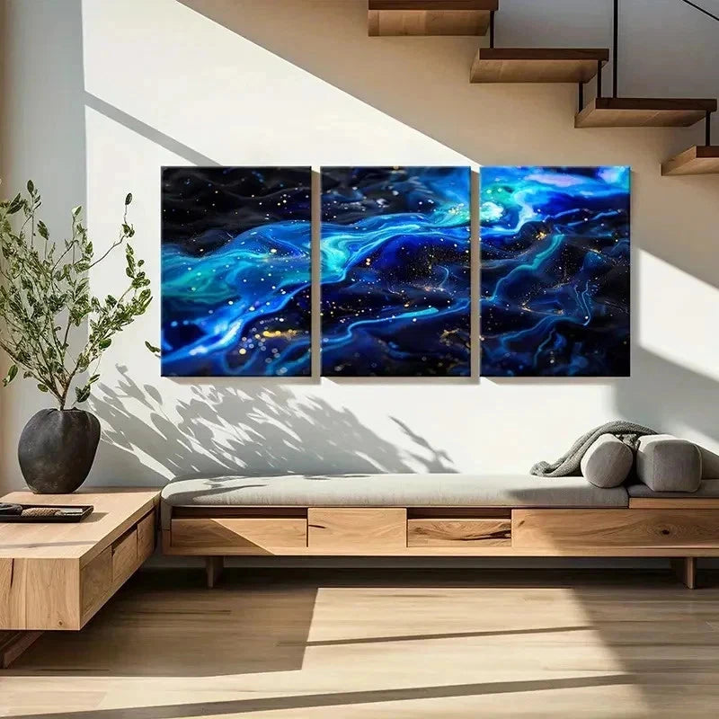 3pcs Vibrant Blue and Golden Swirls Wall Art Set Canvas Framed 60x90cm - High Quality Print 100% Australian Made Wall Canvas Ready to Hang