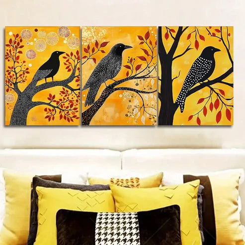 3pcs The psychic crow In Yellow Background Wall Art Set Canvas Unframed - High Quality Print 100% Australian Made Wall Canvas