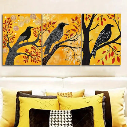3pcs The psychic crow In Yellow Background Wall Art Set Canvas Unframed - High Quality Print 100% Australian Made Wall Canvas