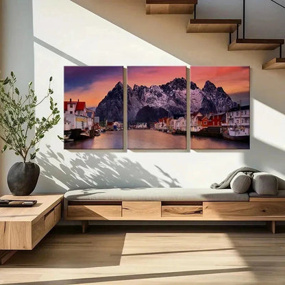 3pcs Mountains Small Town and Lake Wall Art Set Canvas Framed 50x70cm - High Quality Print 100% Australian Made Wall Canvas Ready to Hang - Bella Home Decor