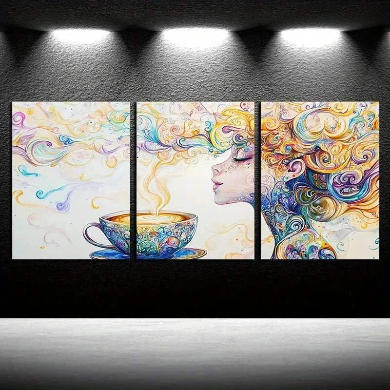 3pcs Vibrant Abstract Coffee Cup and Swirls Metal Print Ready to Hang Art - Bella Home Decor